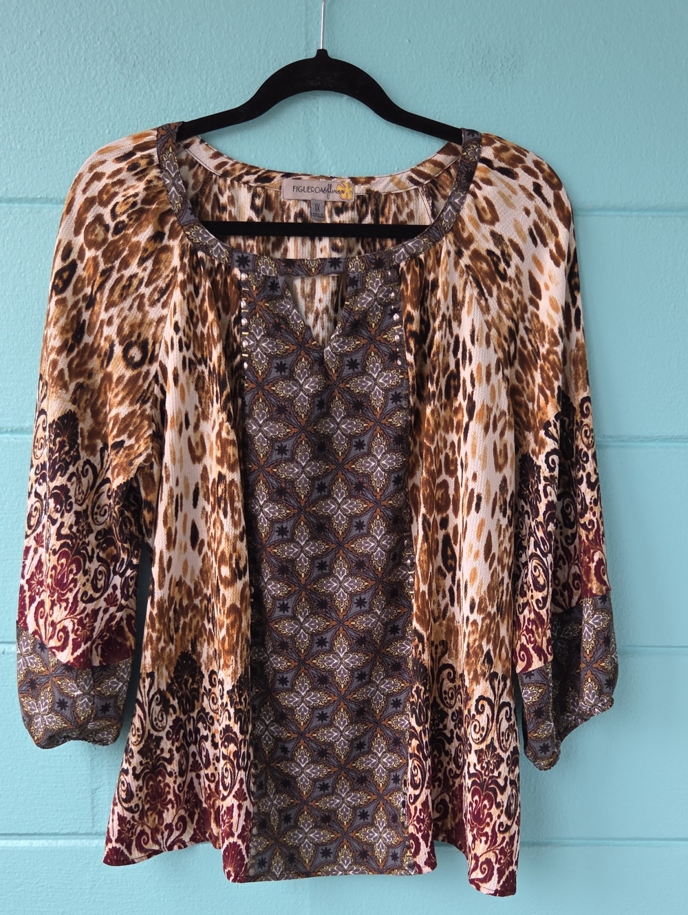 "Figueroa & Flower" Leopard Pattern Studded Front Blouse Woman's Size 1X